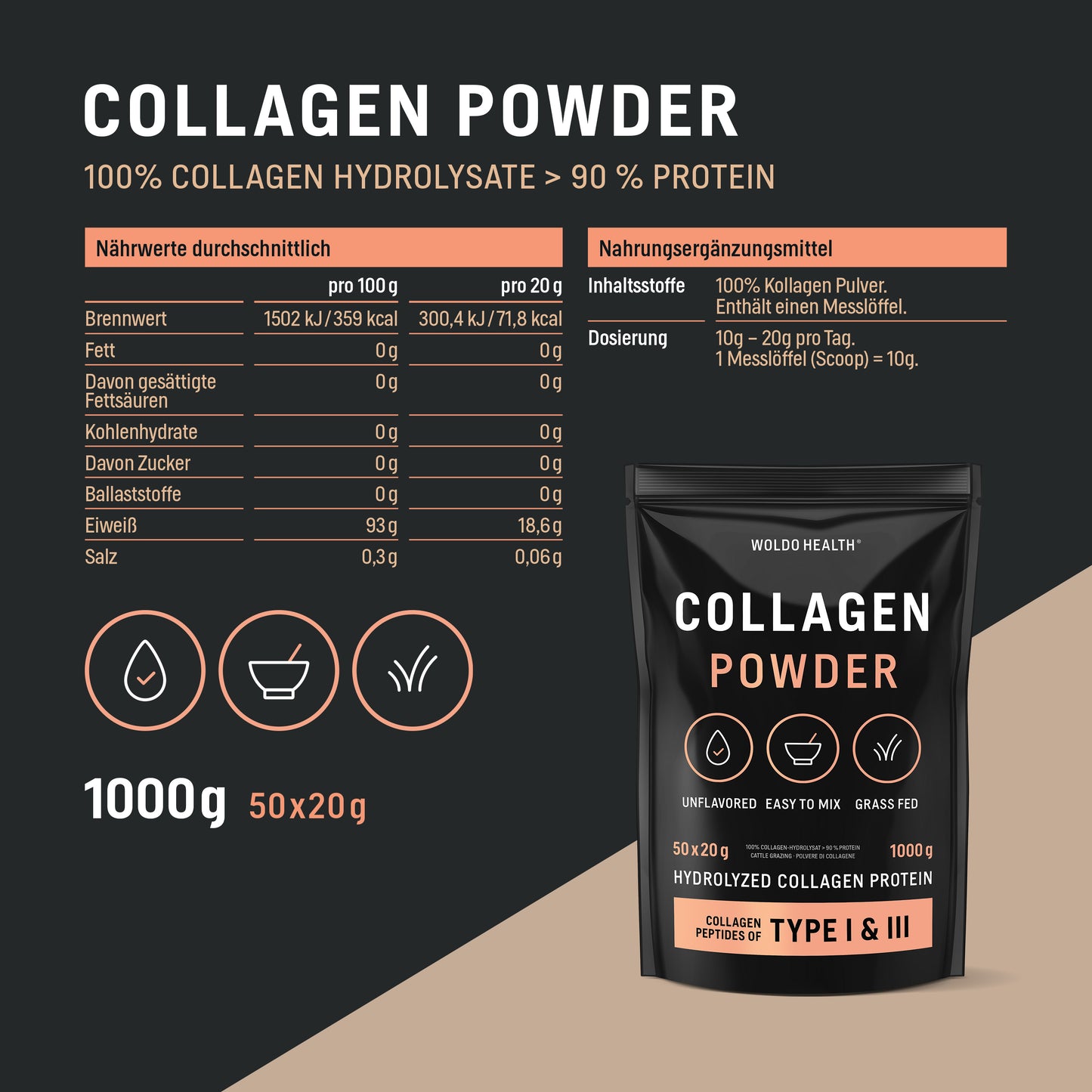 WoldoHealth Collagen Pulver Hydrolysat 1 kg