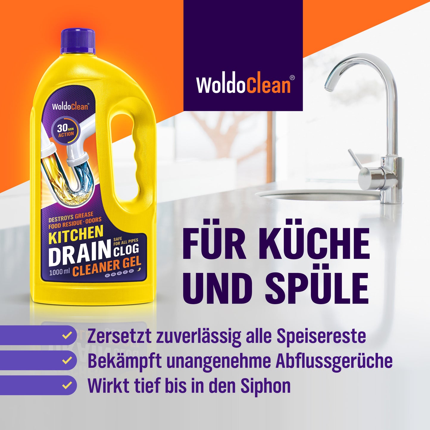 WoldoClean Rohrreiniger Küche Gel 1000ml extra stark