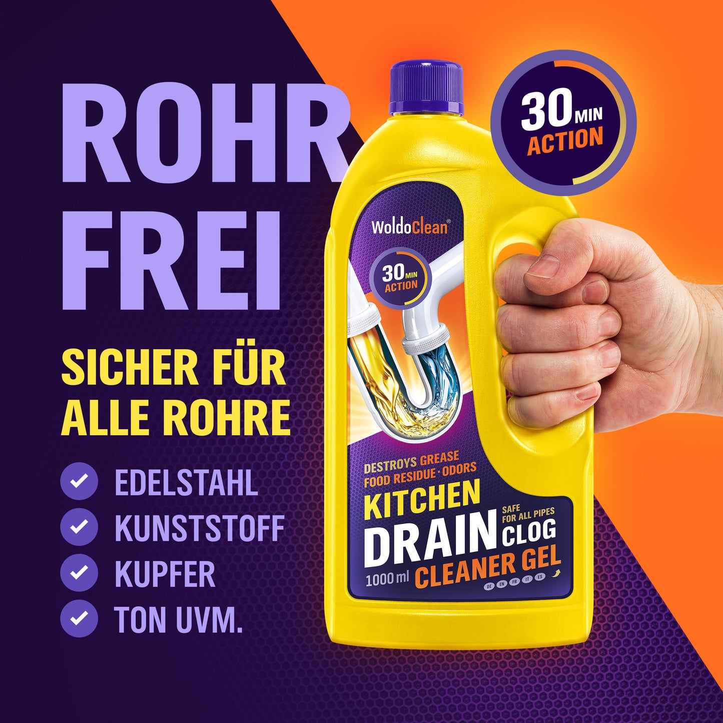 WoldoClean Rohrreiniger Küche Gel 1000ml extra stark
